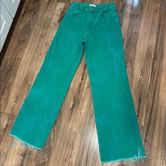 Zara Green Jeans Sz 4 Wide Leg Distressed Christmas Holiday Jean Denim Frayed - Picture 3 of 8
